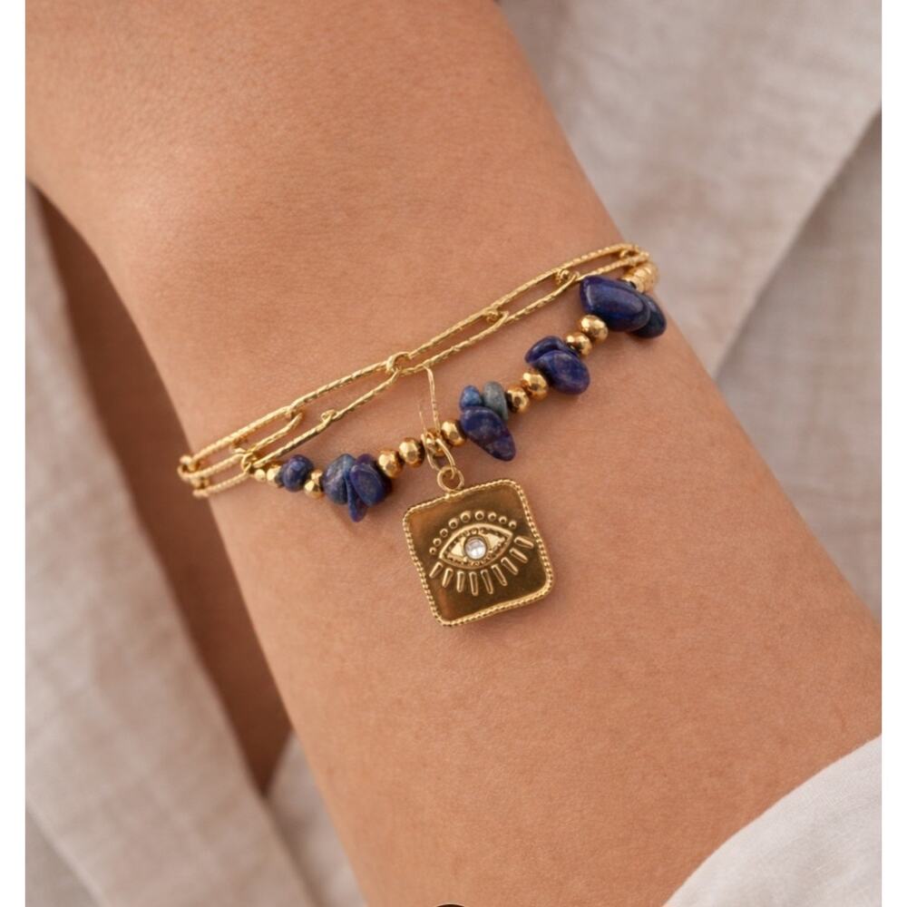 Stainless Steel Gold Blue Stone Layered Evil Eye Bracelet New